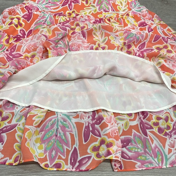 NWOT Chaps Coral Pink Yellow Floral Lined Tiered Chiffon Midi Skirt MP - Picture 8 of 14